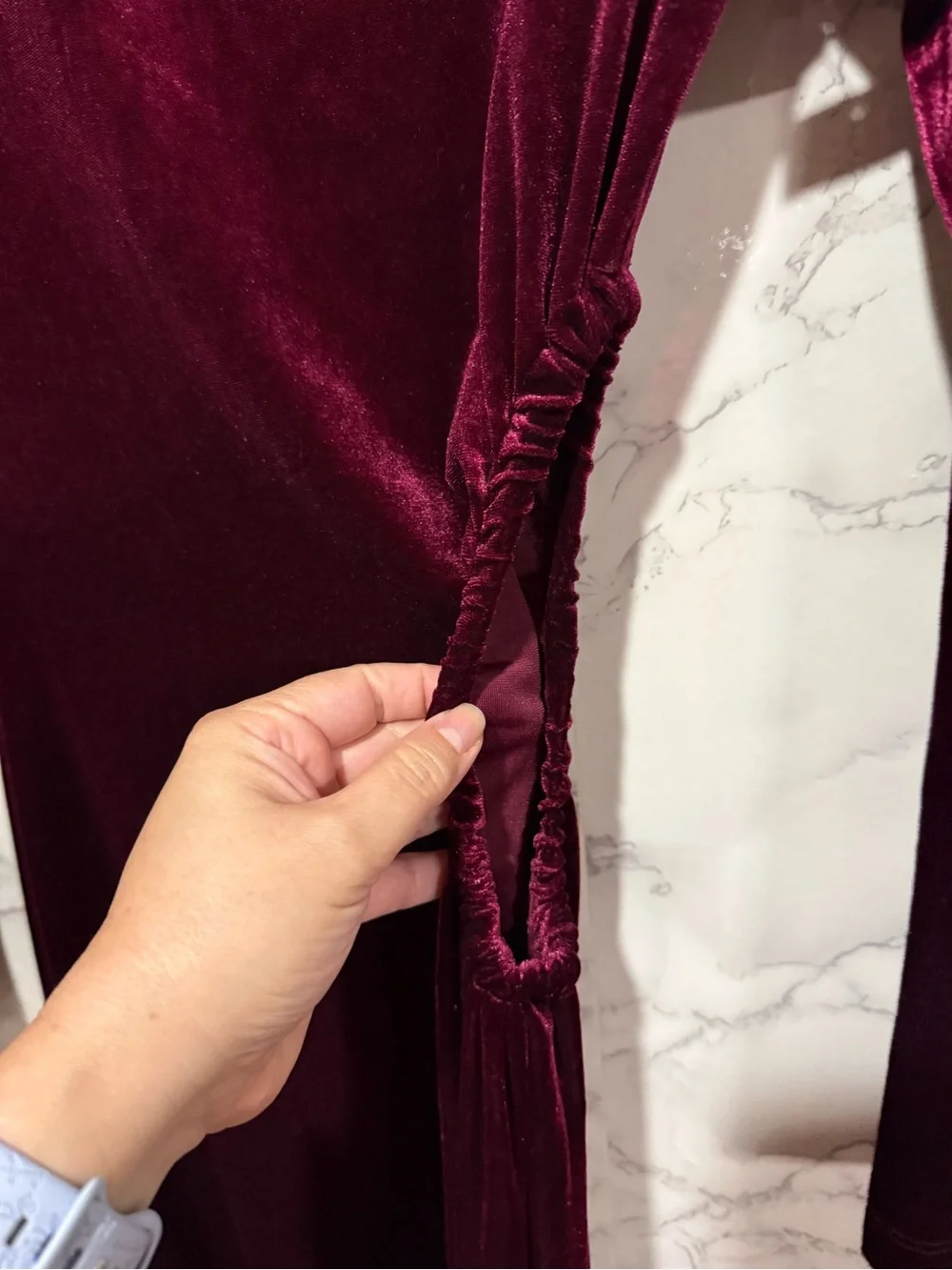 NEW Petal & Pup Sarine Burgundy Red Velvet Maxi Dress with Side Cutout S